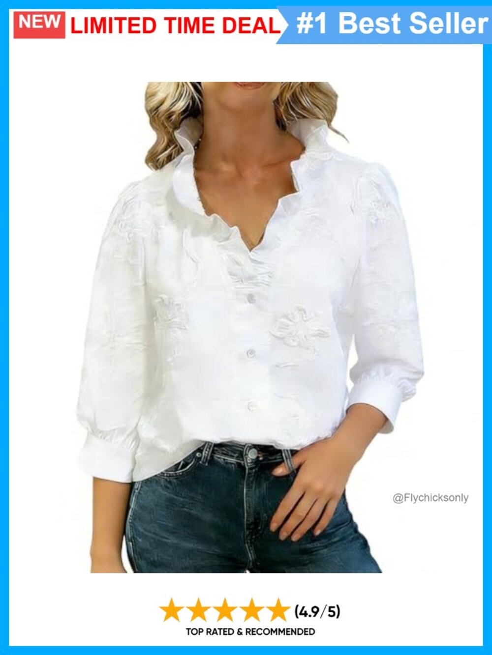 Floral Embroidered Ruffle V-Neck Blouse 3/4 Sleeve Cotton Top
